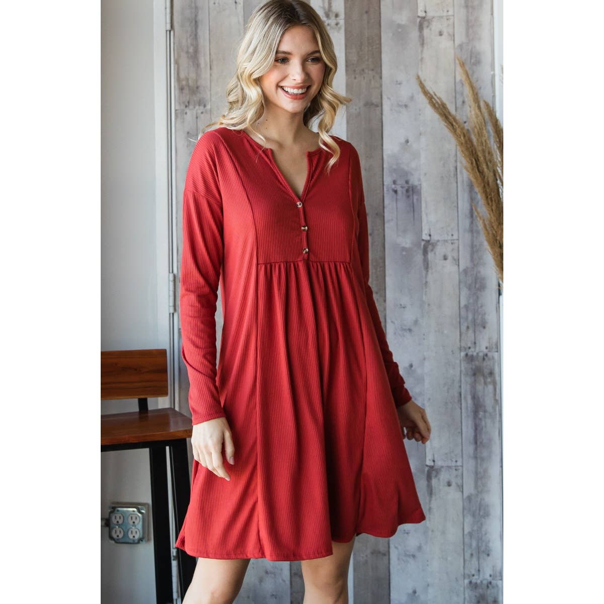 Ribbed Front Button Trim V Neckline Dress