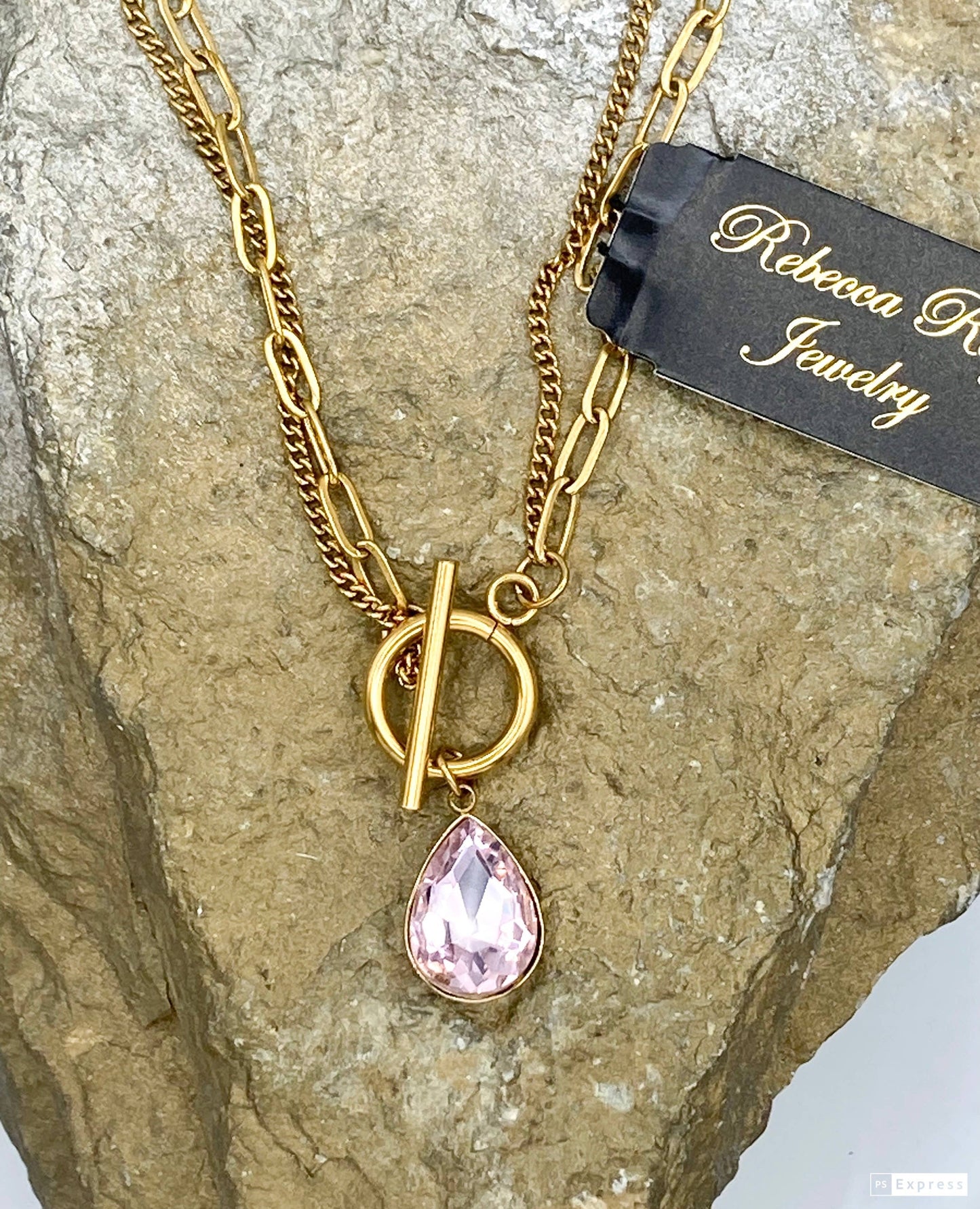Gold Double Strand Toggle Necklace with Crystal Teardrop