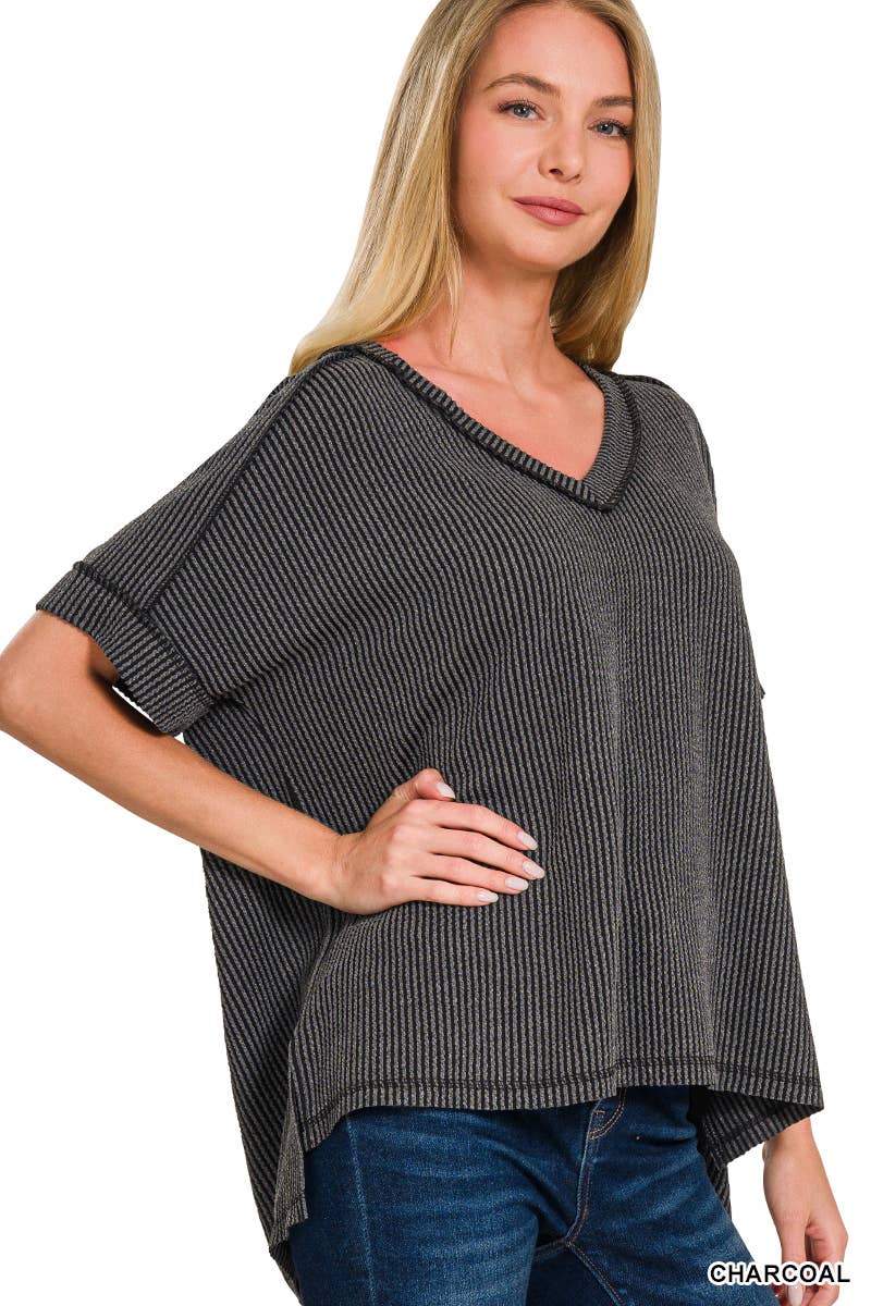 Corded Rib Short Sleeve Hi Low V Neck Top