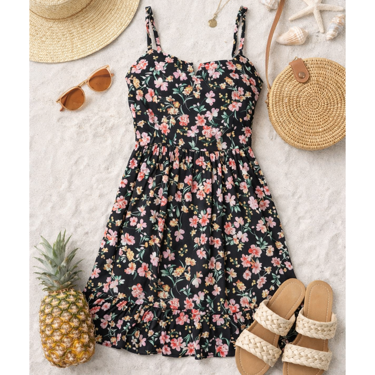FIT AND FLARE TIE SHOULDER DRESS