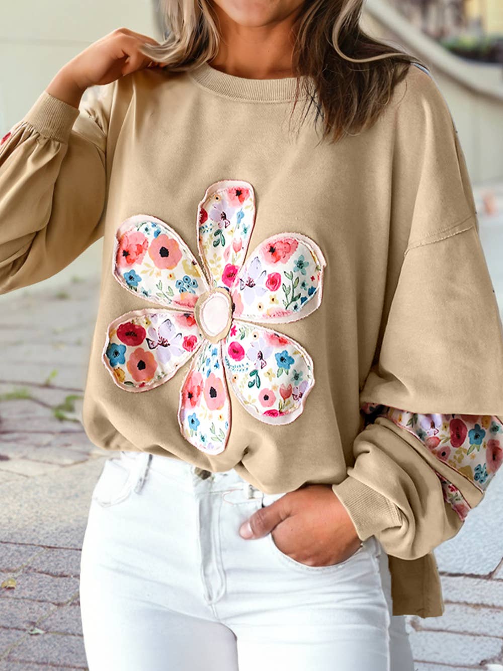 Flower Patchwork Drop Sleeve Pullover Sweatshirt |