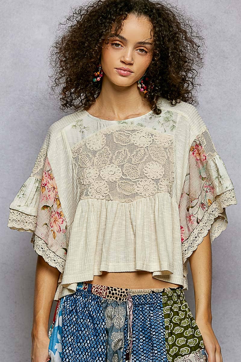 Rib Floral Pattern Round Neck Short Sleeve Top