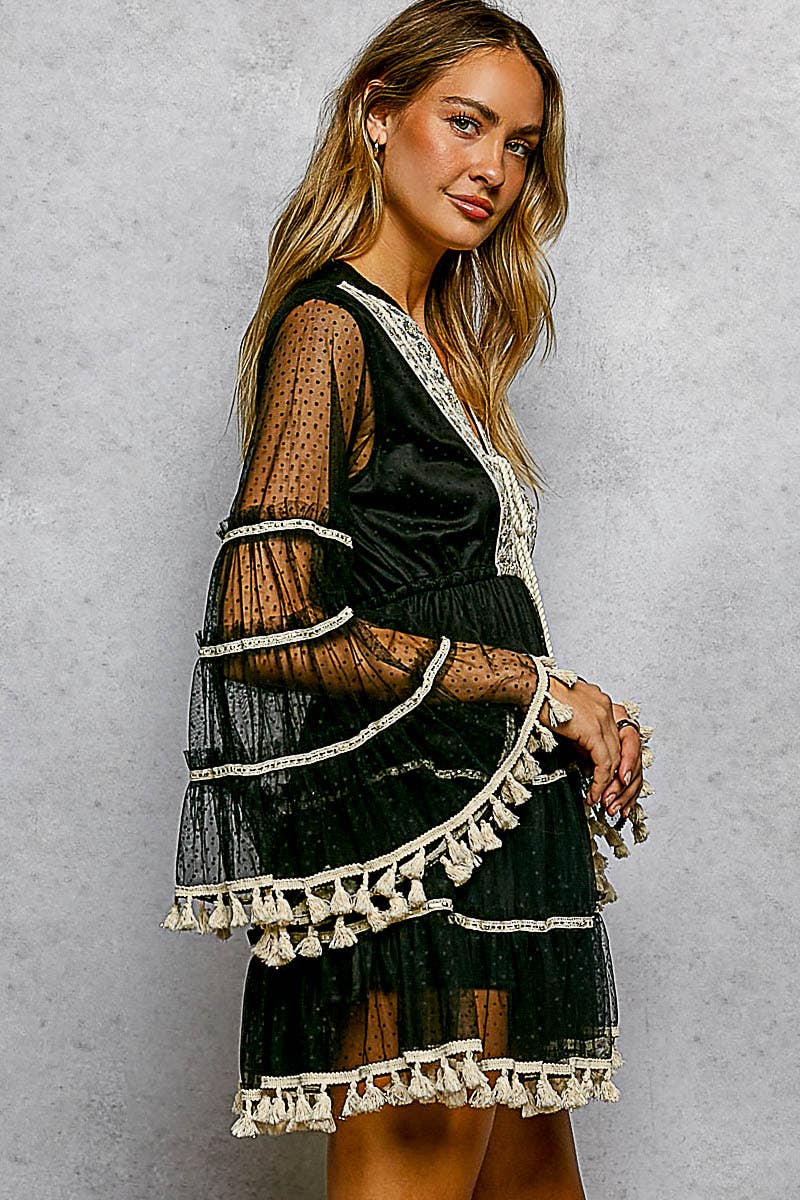 Split Embroidery Tassel Detail V-Neck Flared Short Dress