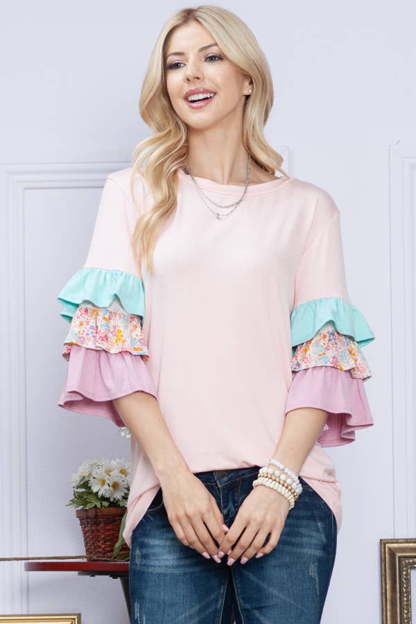 COLOR BLOCK RUFFLE SLEEVE TOP