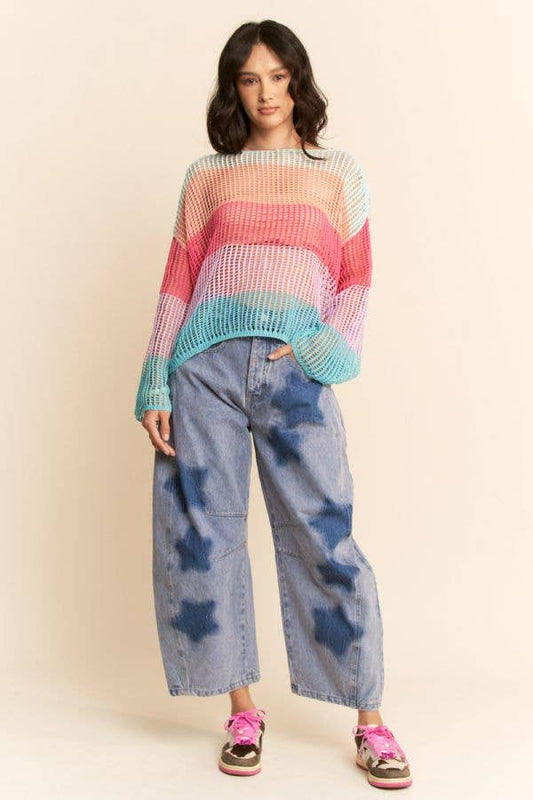 STRIPED WIDE OPENING SLEEVE PULLOVER COVER UP TOP