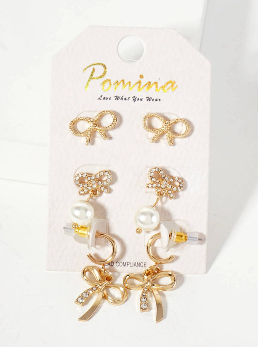 3-Pc-Set Ribbon Bow Stud Earrings
