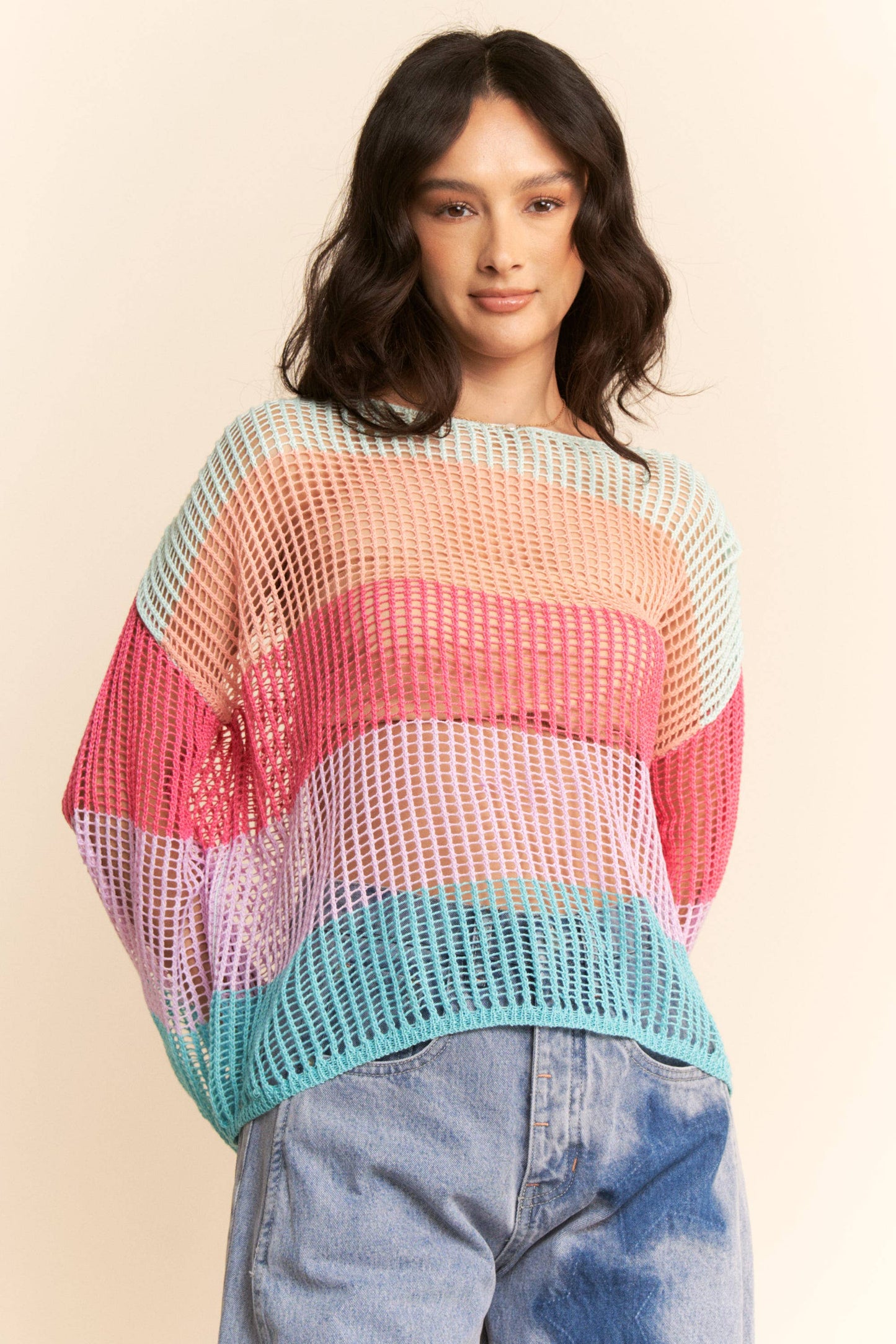 STRIPED WIDE OPENING SLEEVE PULLOVER COVER UP TOP