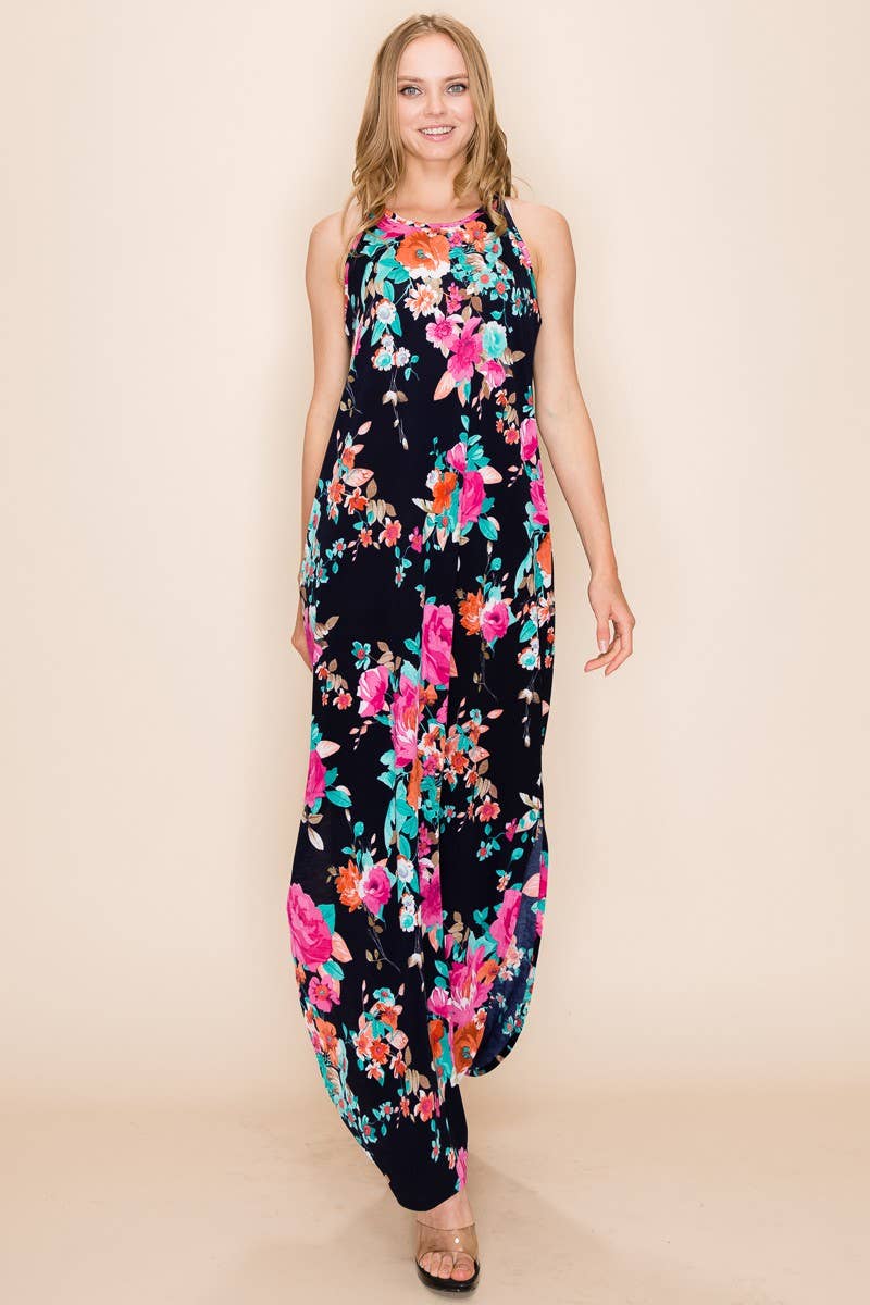 Women's Navy/Orange Floral Summer Sleeveless Maxi Dress