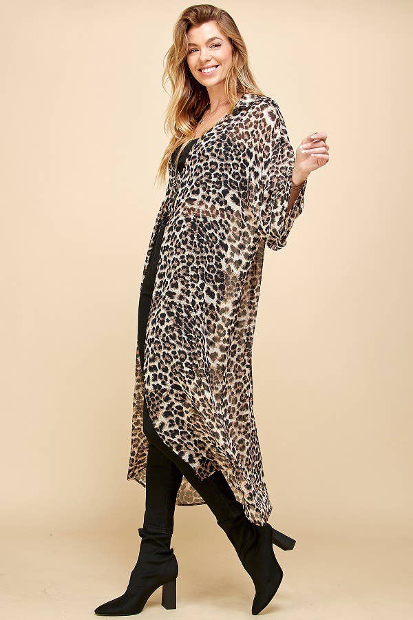 Women's Cheetah Animal Print Drawstring Long Kimono, Brown