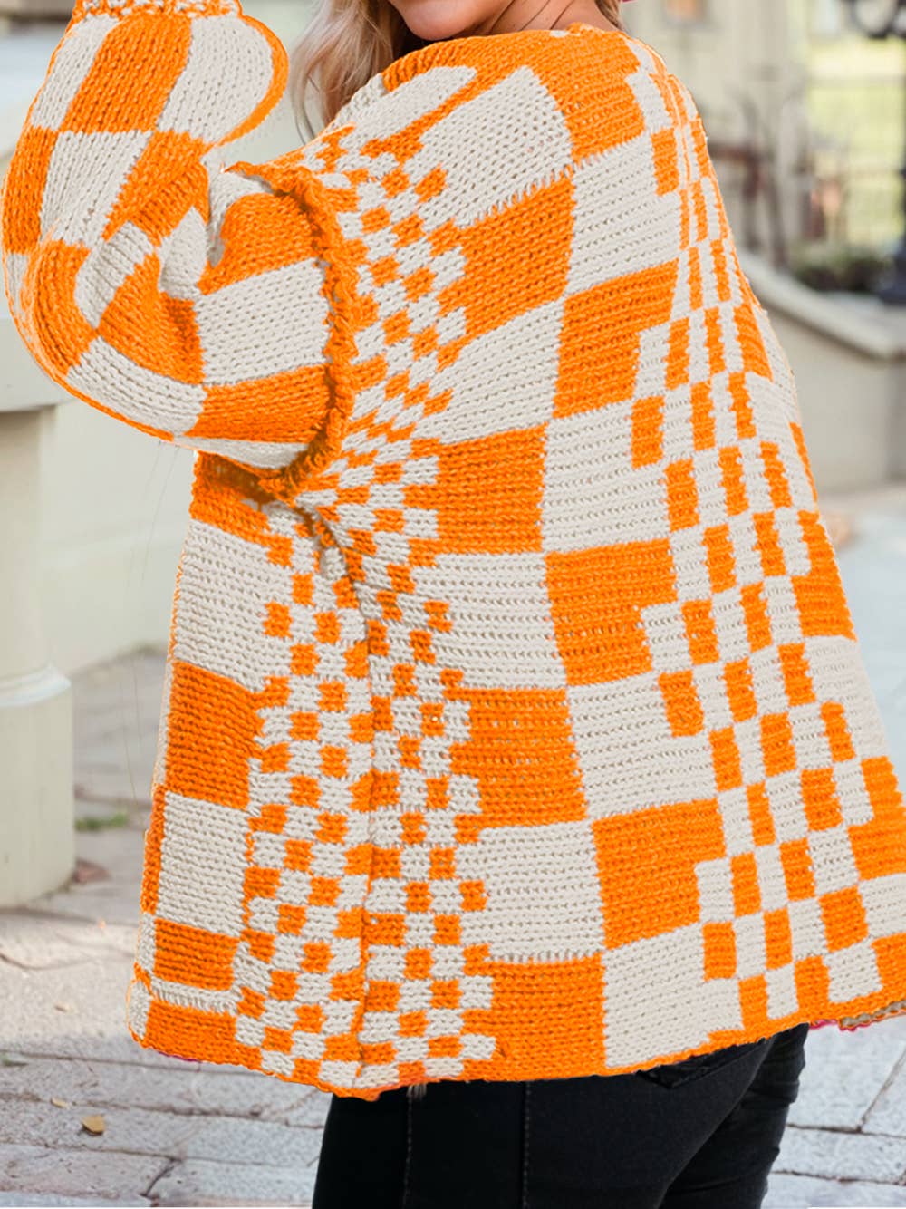 Plaid Open Front Knitted Cardigan