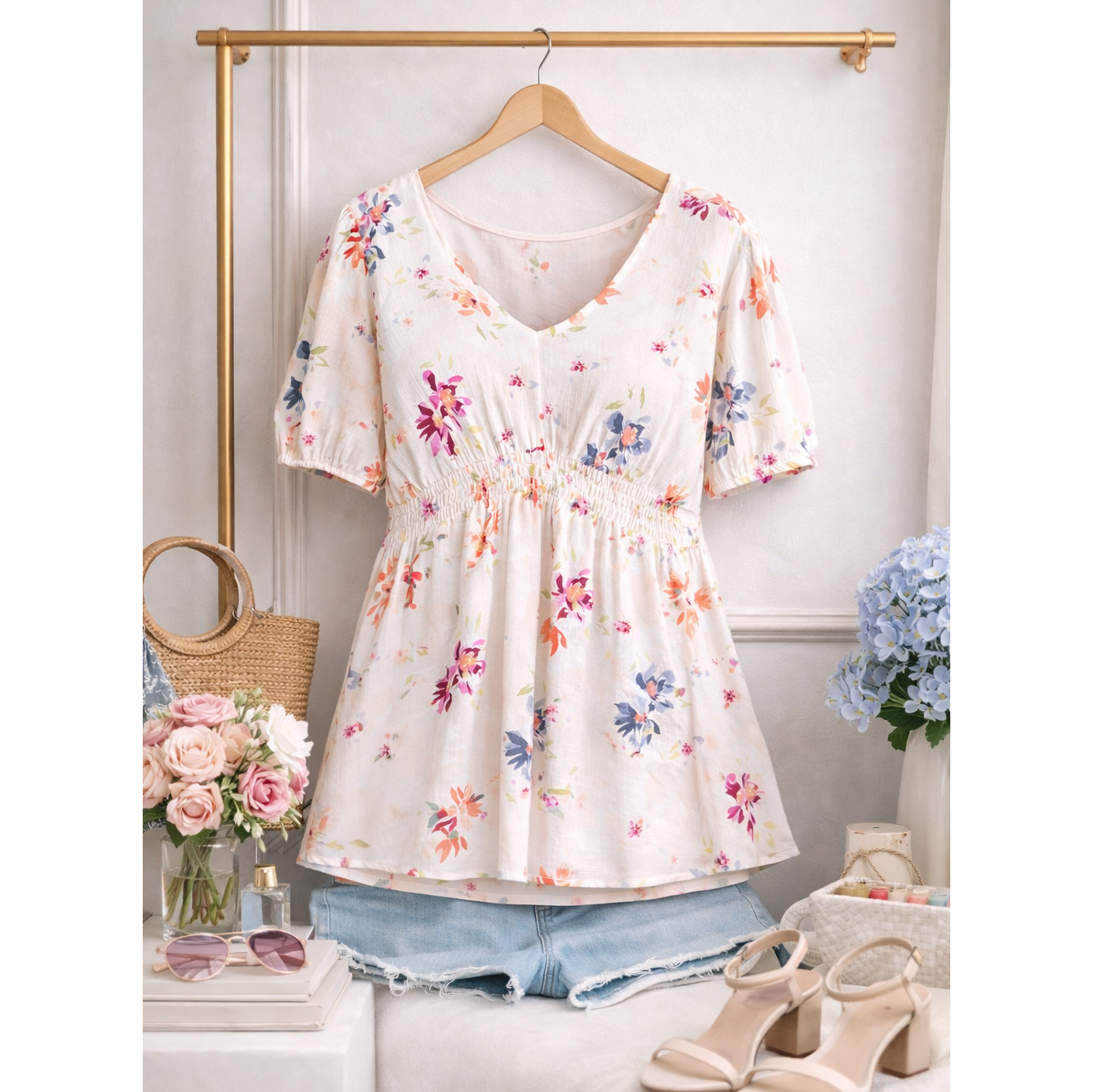 FLORAL PRINT SMOCKED TOP