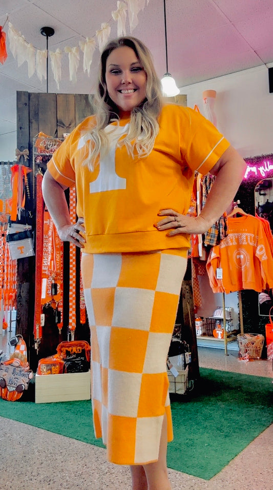 PLUSCHECKERED PAST KNIT PENCIL MIDI SKIRT W/ SIDE SLIT