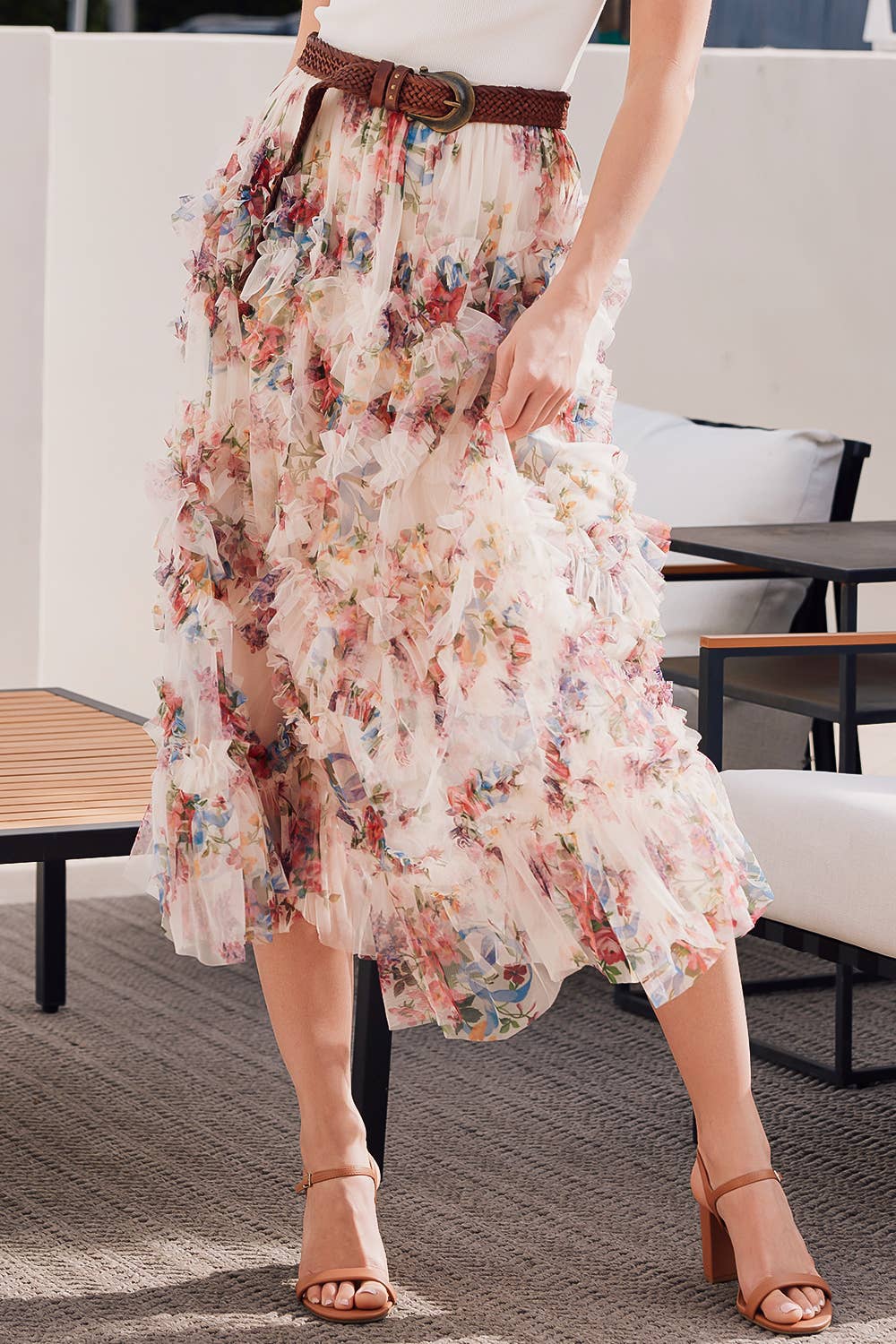 FLORAL RUFFLED MESH MIDI SKIRT