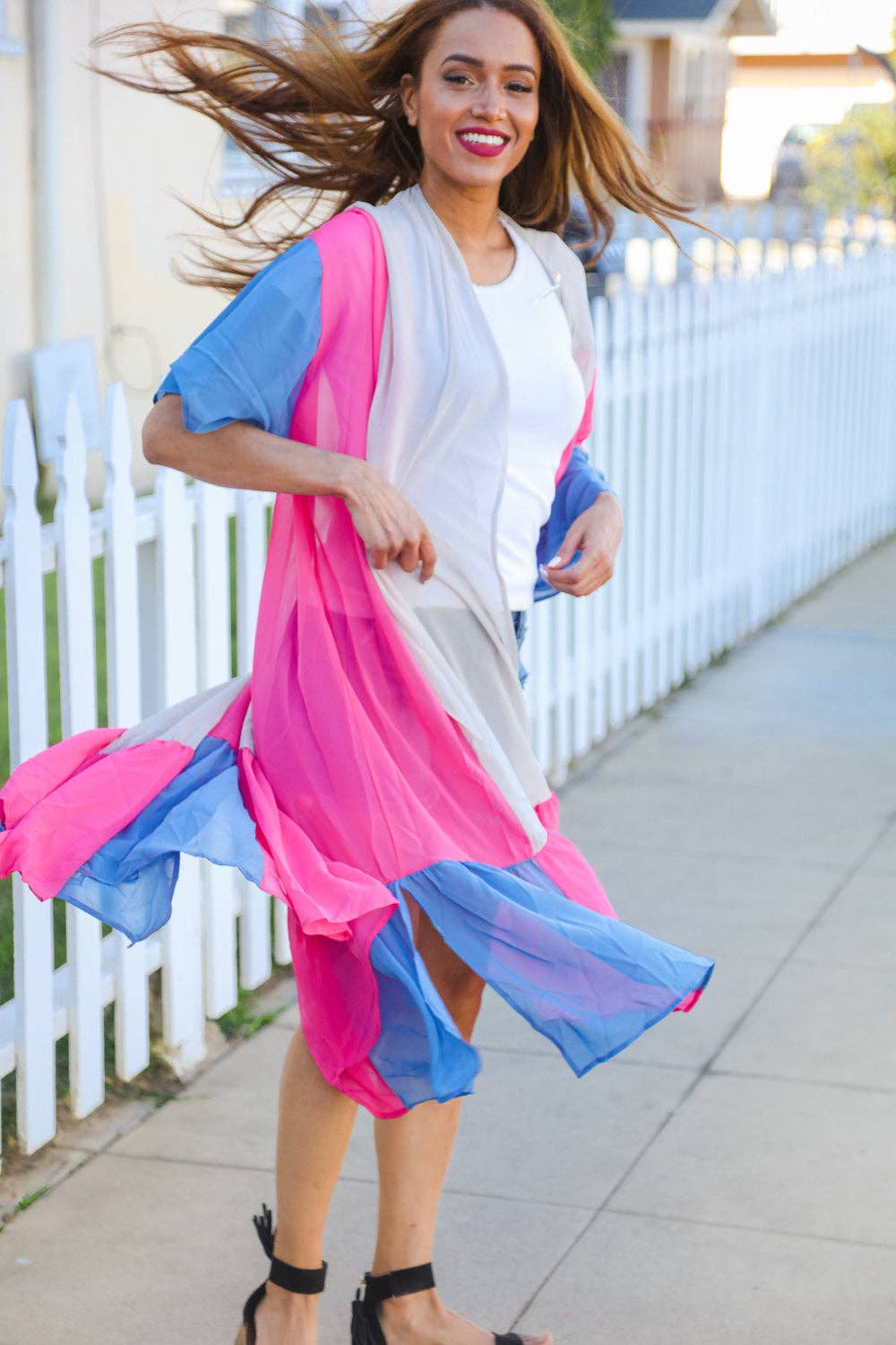 Taupe & Fuchsia Color Block Ruffle Hem Kimono