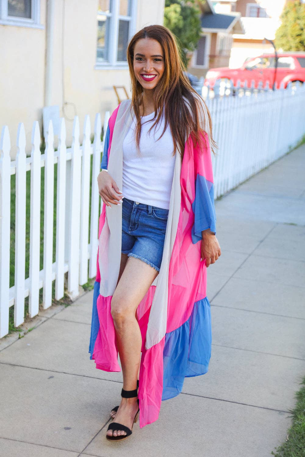 Taupe & Fuchsia Color Block Ruffle Hem Kimono