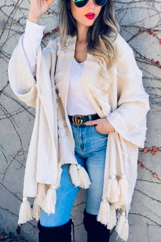 Cream  Textured Pattern With Chunky Tassel Cardigan