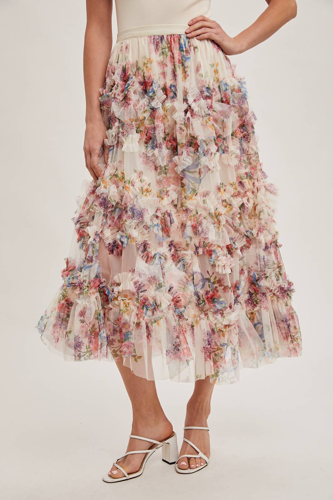FLORAL RUFFLED MESH MIDI SKIRT