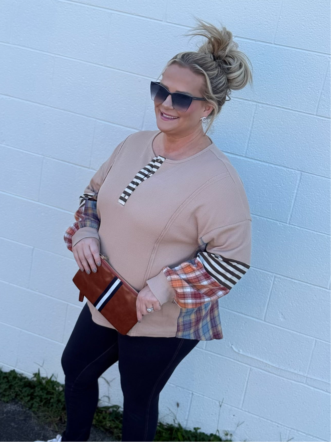 Waffle Stripe Plaid Patchwork Henley Knit Top