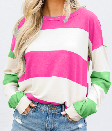 Colorblock Striped Drop Shoulder Long Sleeve Top