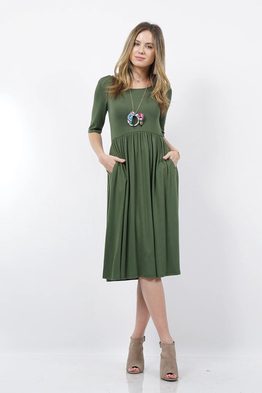 Half Sleeve Pocket Empire Shirring Dress