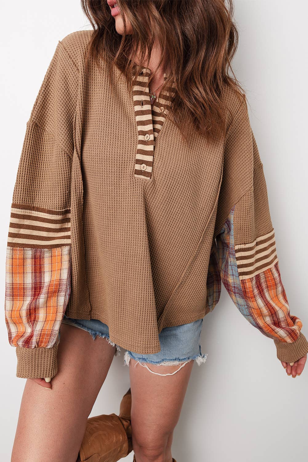 Waffle Stripe Plaid Patchwork Henley Knit Top