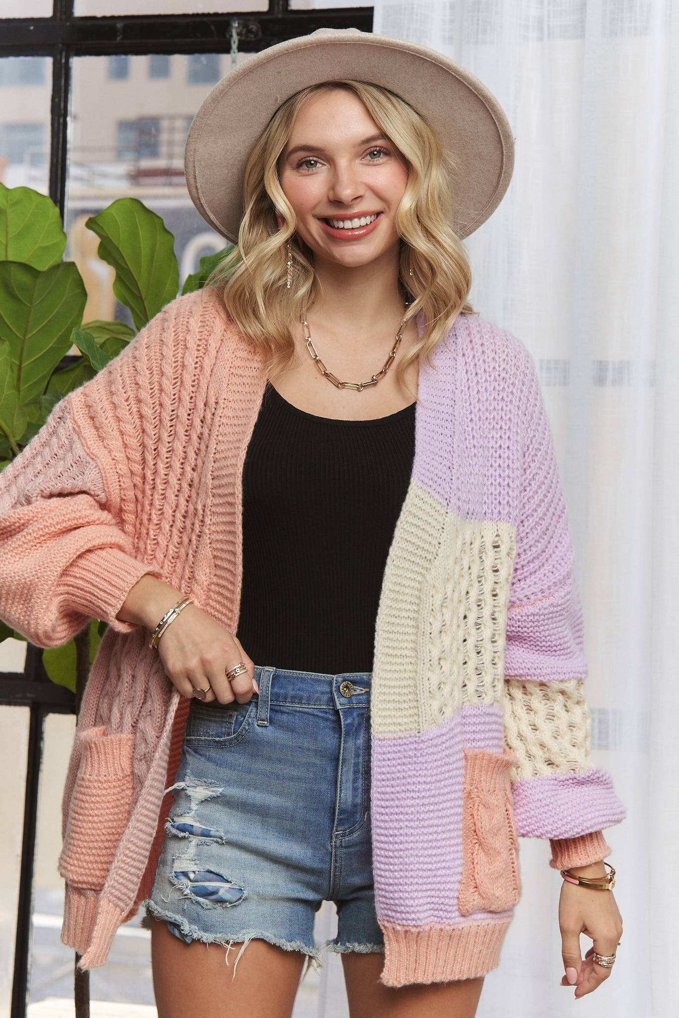 Puff Sleeves Colorblock Sweater Cardigan