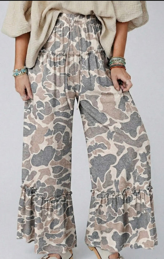 Camo Print Wide Leg Casual Pants