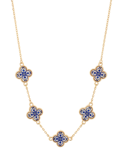 Blue Patterned 5 Clover Necklace