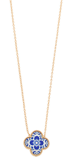 Blue Pattern Clover Pendant Necklace