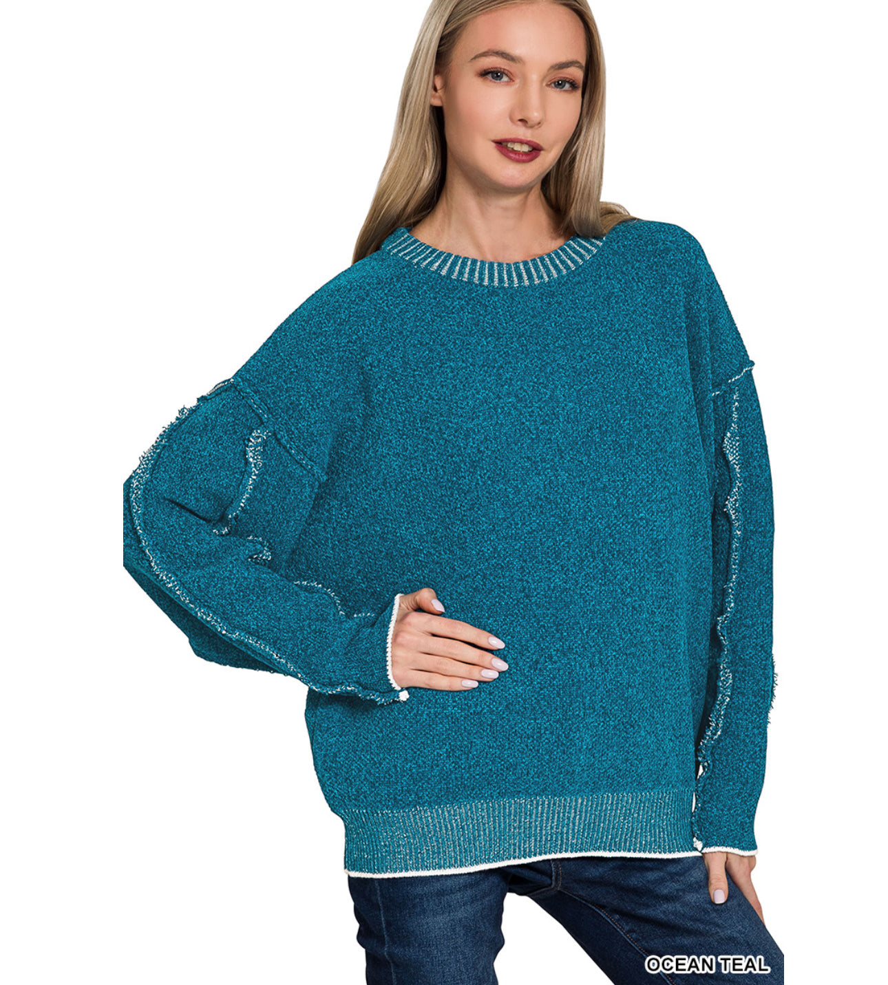 EXPOSED SEAM CHENILLE SWEATER