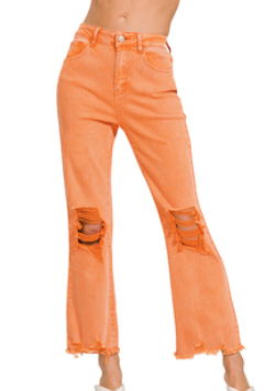 Acid Washed High Waist Distressed Straight Pants