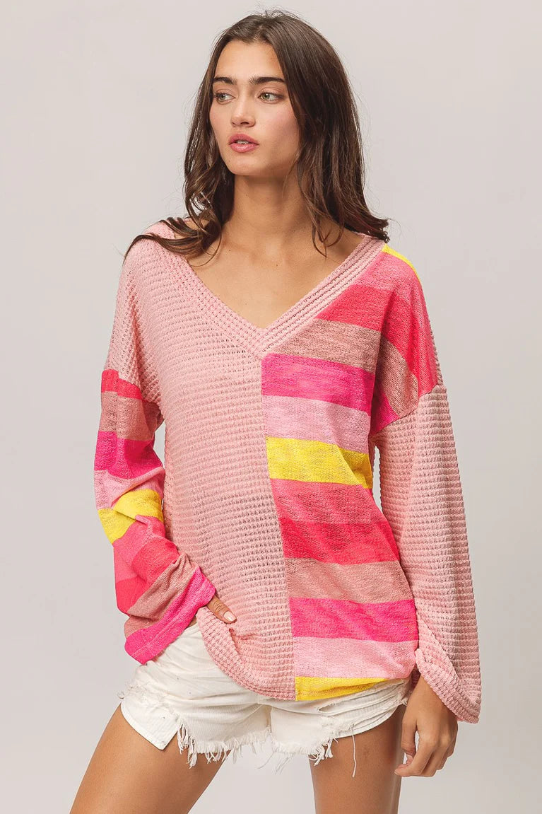 POPCORN WAFFLE KNIT WITH MULTI STRIPE BLOCK TOP