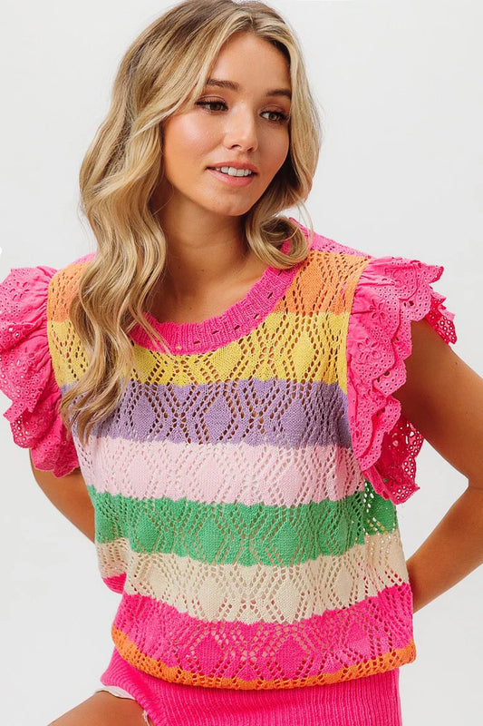 Pointelle Multi Color Color Striped Knit Top