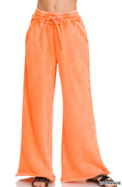 Acid Wash Fleece Palazzo Sweatpants with Pockets