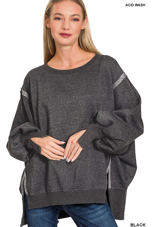 ACID WASHED BATWING SLEEVE HI-LOW FLEECE SWEATSHIRTS