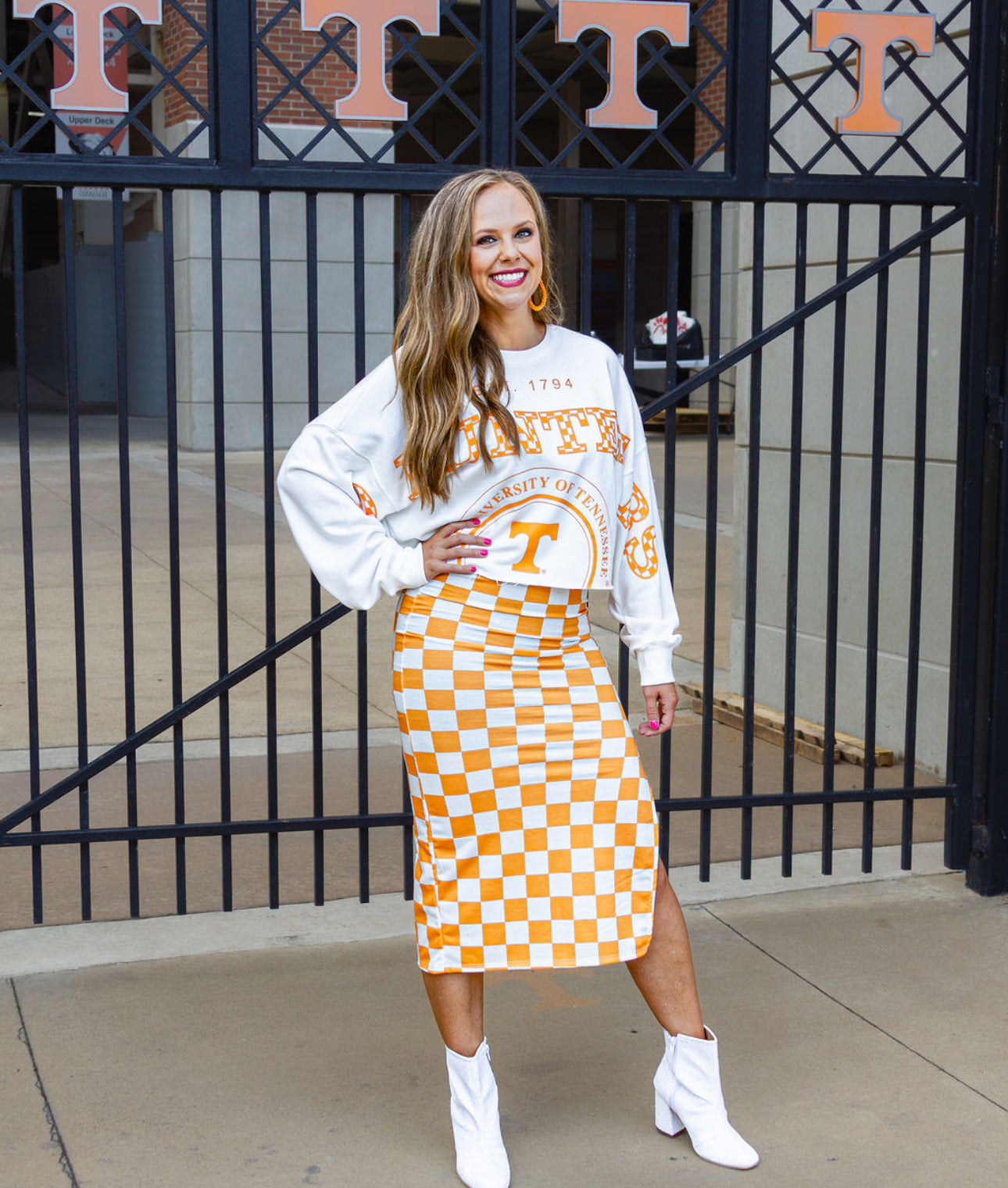 HI-WAIST CHECKERED MIDI PENCIL SKIRT w/ SIDE SLIT