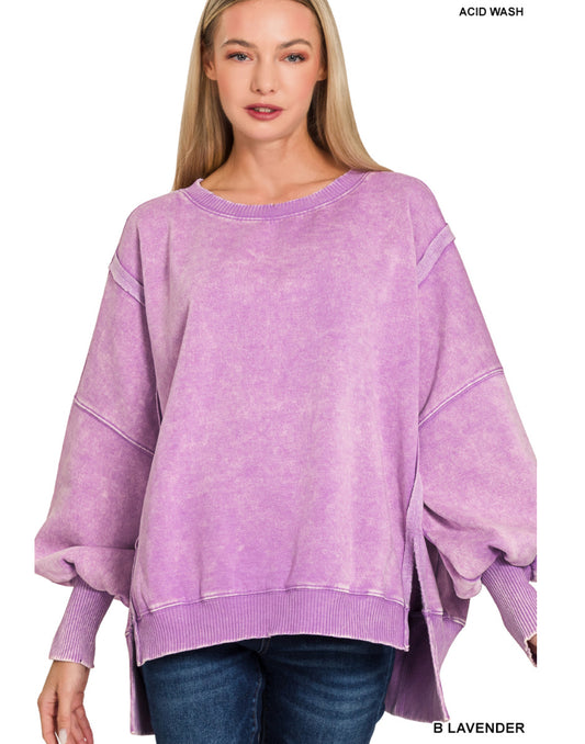 ACID WASHED BATWING SLEEVE HI-LOW FLEECE SWEATSHIRTS