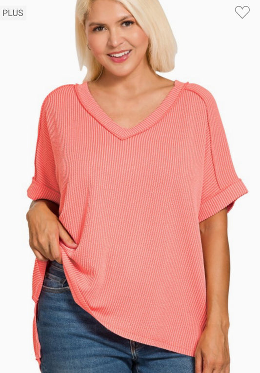 Raised Ribbed V Neck - Plus