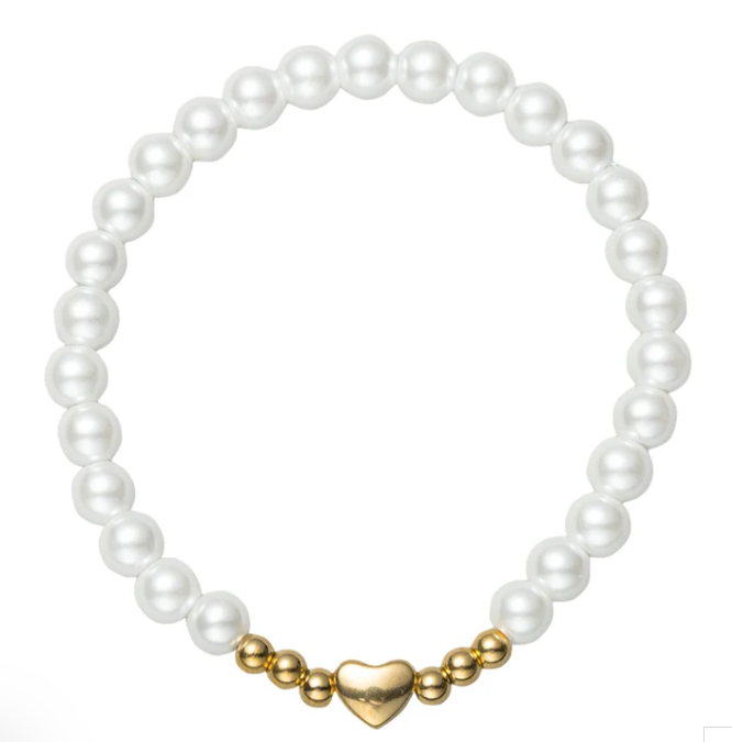 Gold Heart Beaded Stretch Bracelet Gold and Pearl