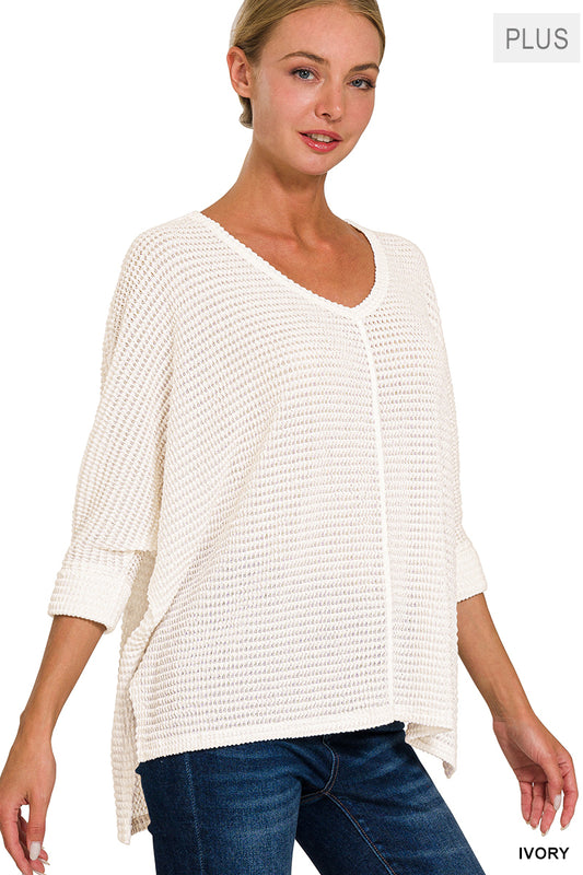 Plus 3/4 Sleeve V-Neck Hi-Low Hem Jacquard Sweater