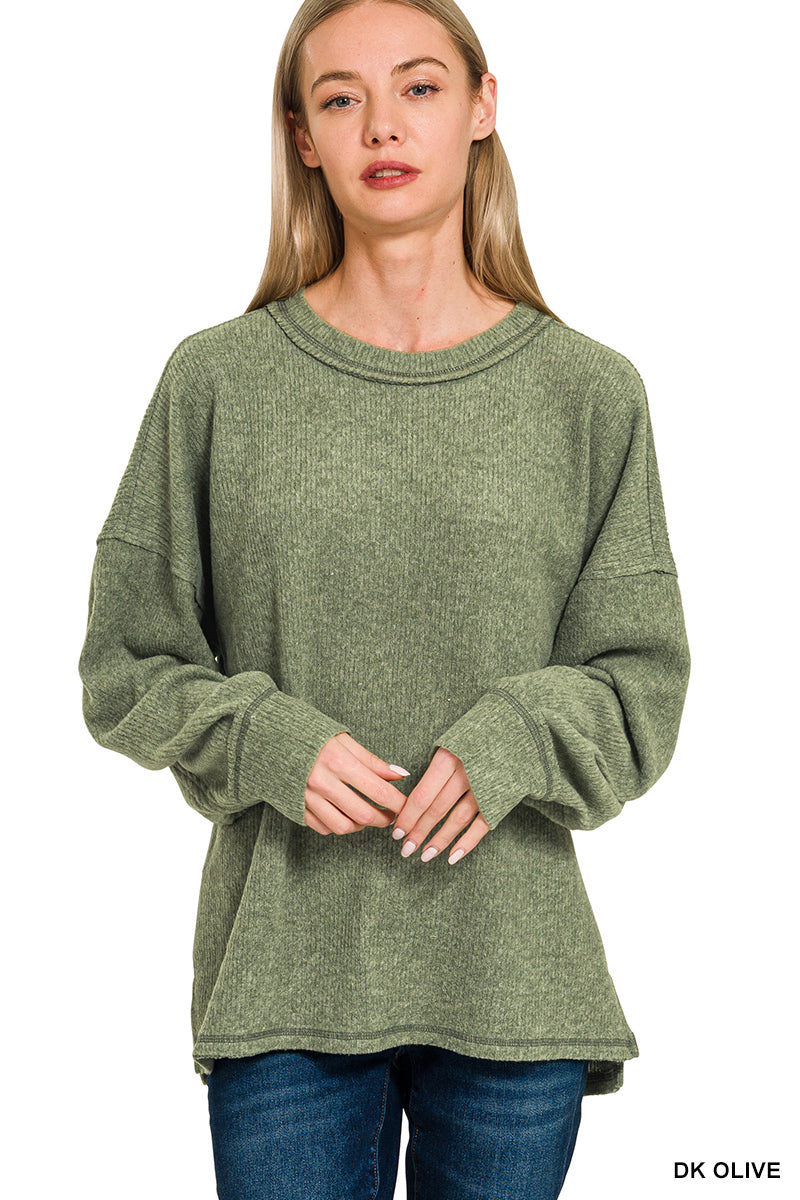 Brushed Ribbed Exposed Seam Drop Shoulder Sweater