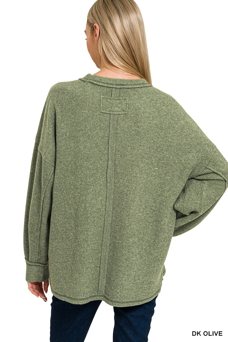 Brushed Ribbed Exposed Seam Drop Shoulder Sweater