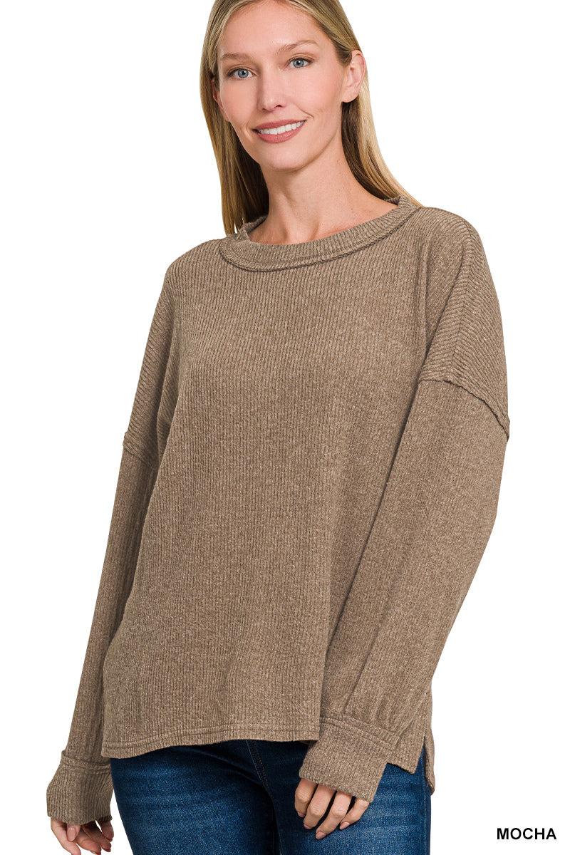Brushed Ribbed Exposed Seam Drop Shoulder Sweater