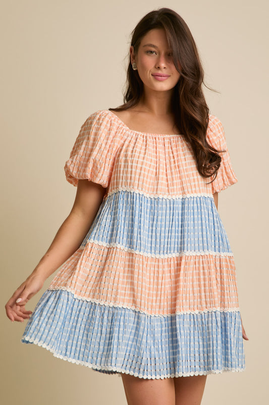 Puffy Sleeve Mini Dress with Trim