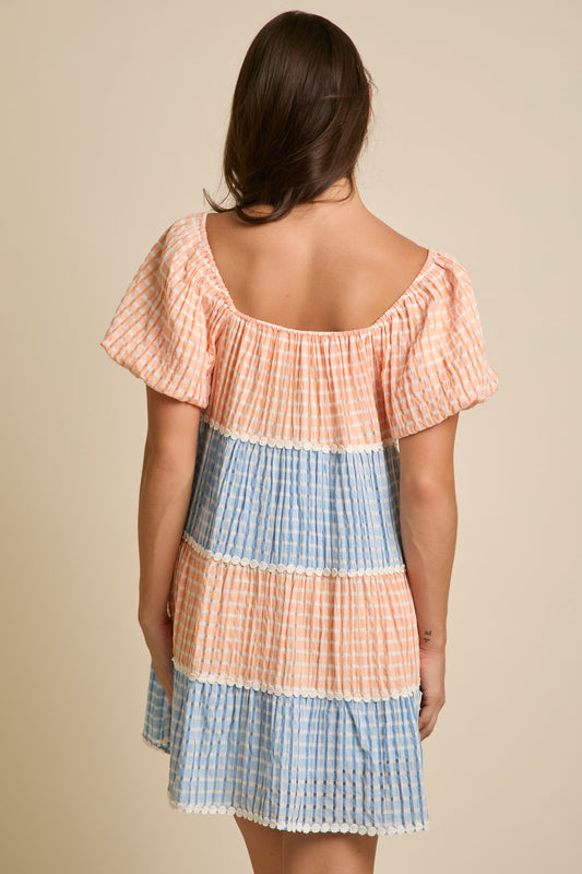 Puffy Sleeve Mini Dress with Trim