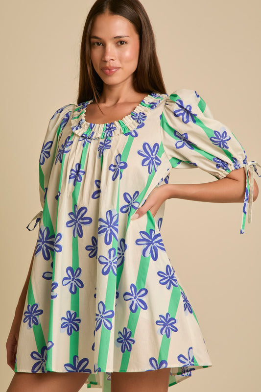 Mini Dress with Flower Print and Shorts Puffed Sleeves