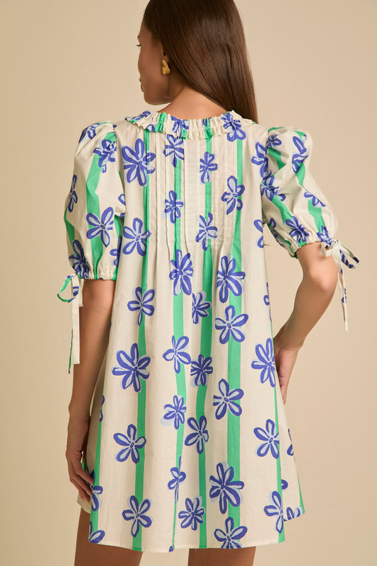 Mini Dress with Flower Print and Shorts Puffed Sleeves