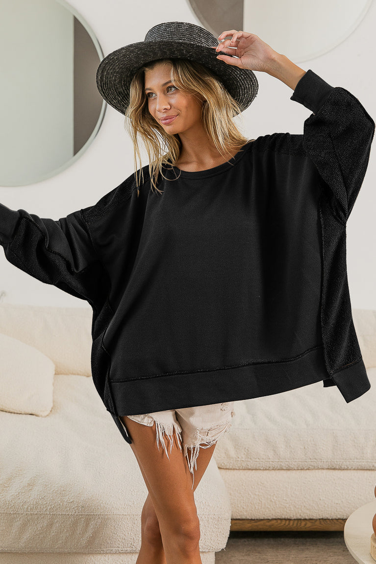 REVERSED TERRY CONTRAST BLOCK UNEVEN SWEATSHIRT