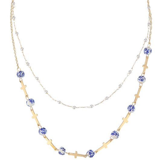 Layered Ceramic Ball & Cross Necklace
