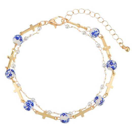 Layered Cross & Ceramic Bracelet